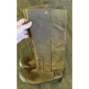 Sorel Boots Womens 7 Emelie Tall Riding Brown Leather Side Zip Knee High Block